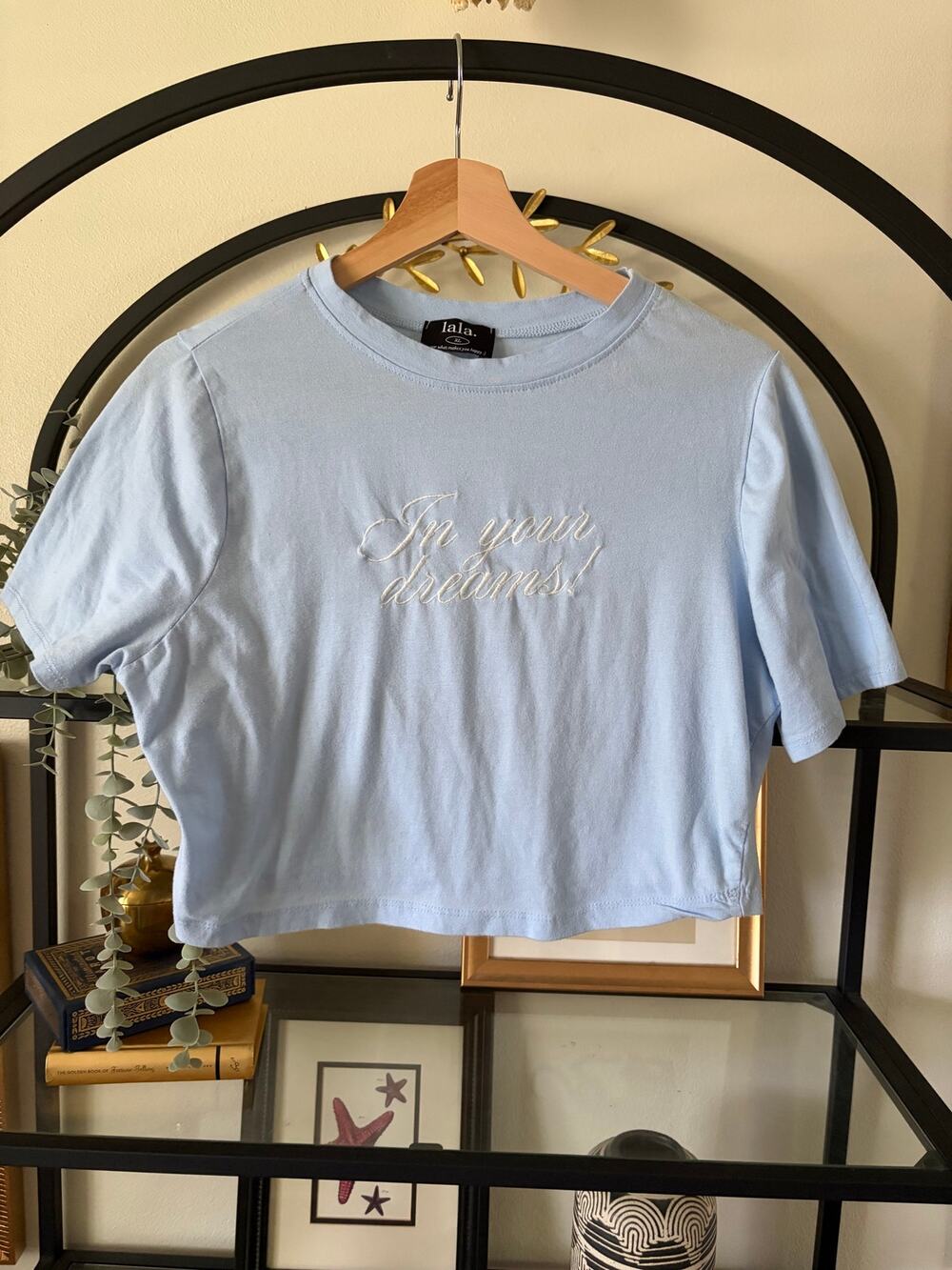 Dressed In Lala In Your Dreams Crop Tee XL Blue Embroidered Graphic Shirt Boho